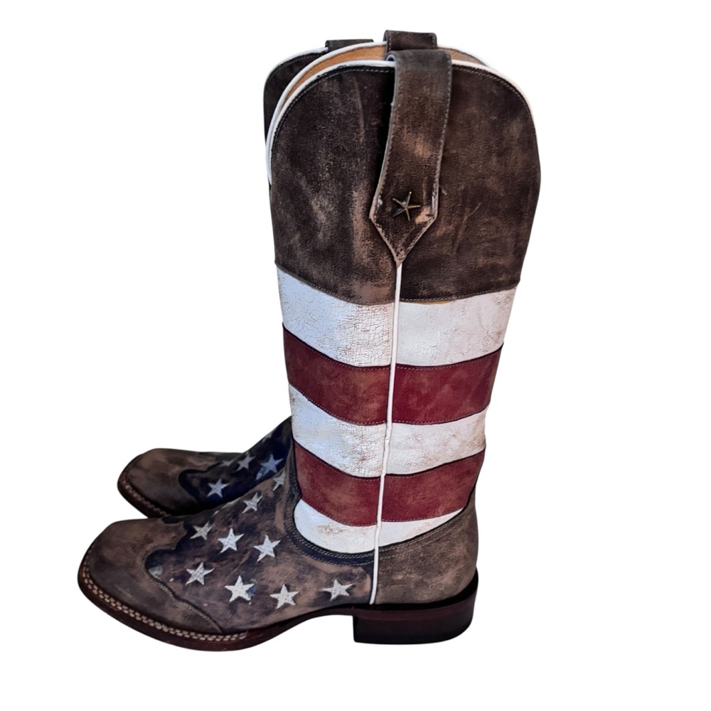 ROPER WOMEN’S AMERICAN FLAG COWBOY BOOT DISTRESSED BROWN RED WHITE BLUE 6.5